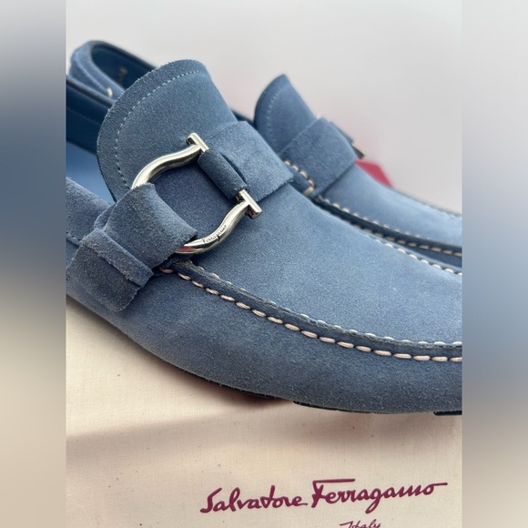 Salvatore Ferragamo Men Driving Suede Blue Moccasin Loafers Logo Sz 9 D - Picture 12 of 16